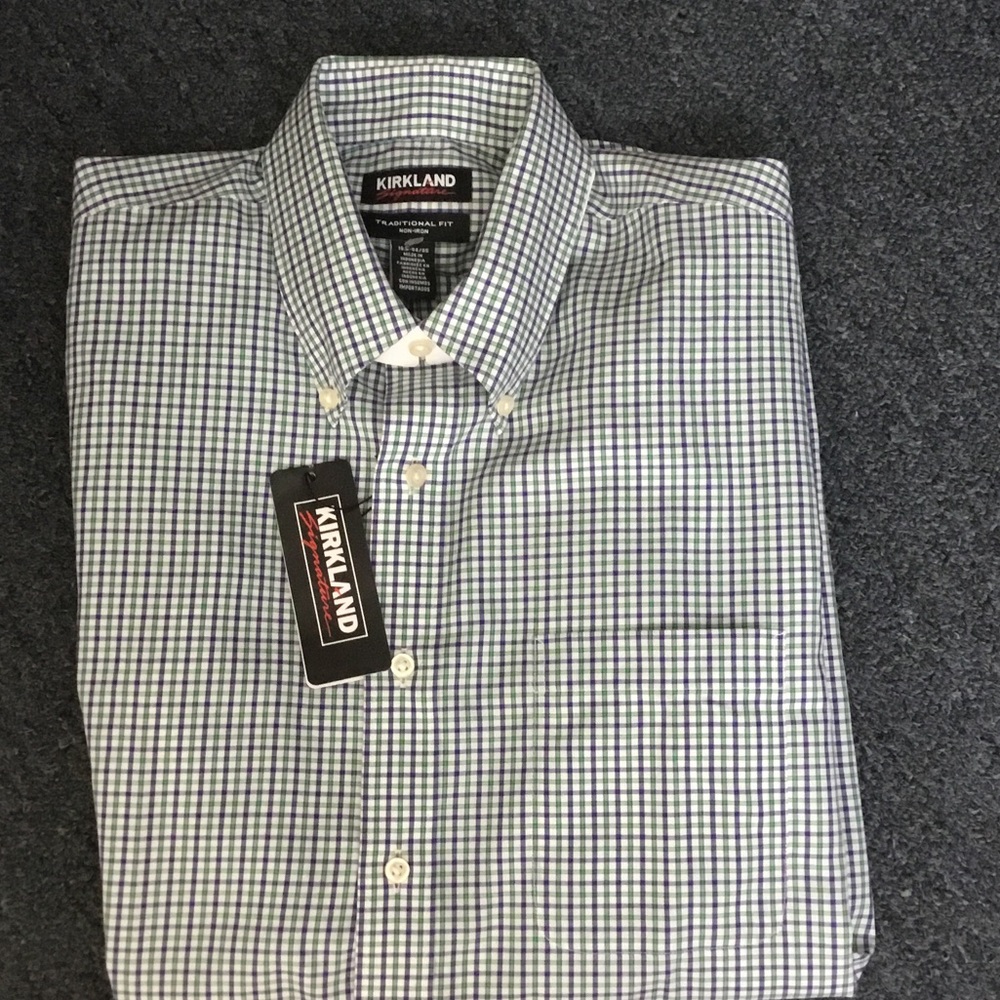 Kirkland Signature Green and White Gingham Button-Down Dress Shirt
